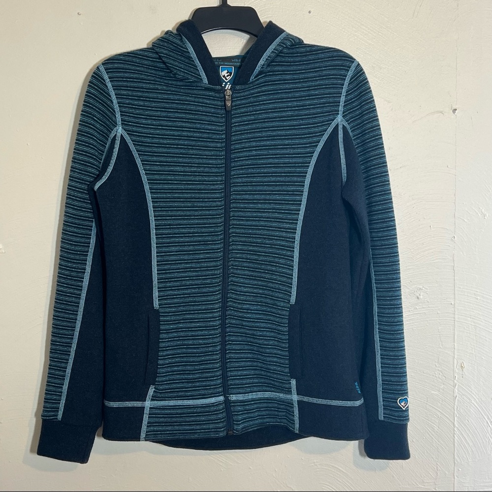 Kuhl Sovana Chianti Fleece Wool Blend Hooded Striped Zip Sweater Jacket Sz Small